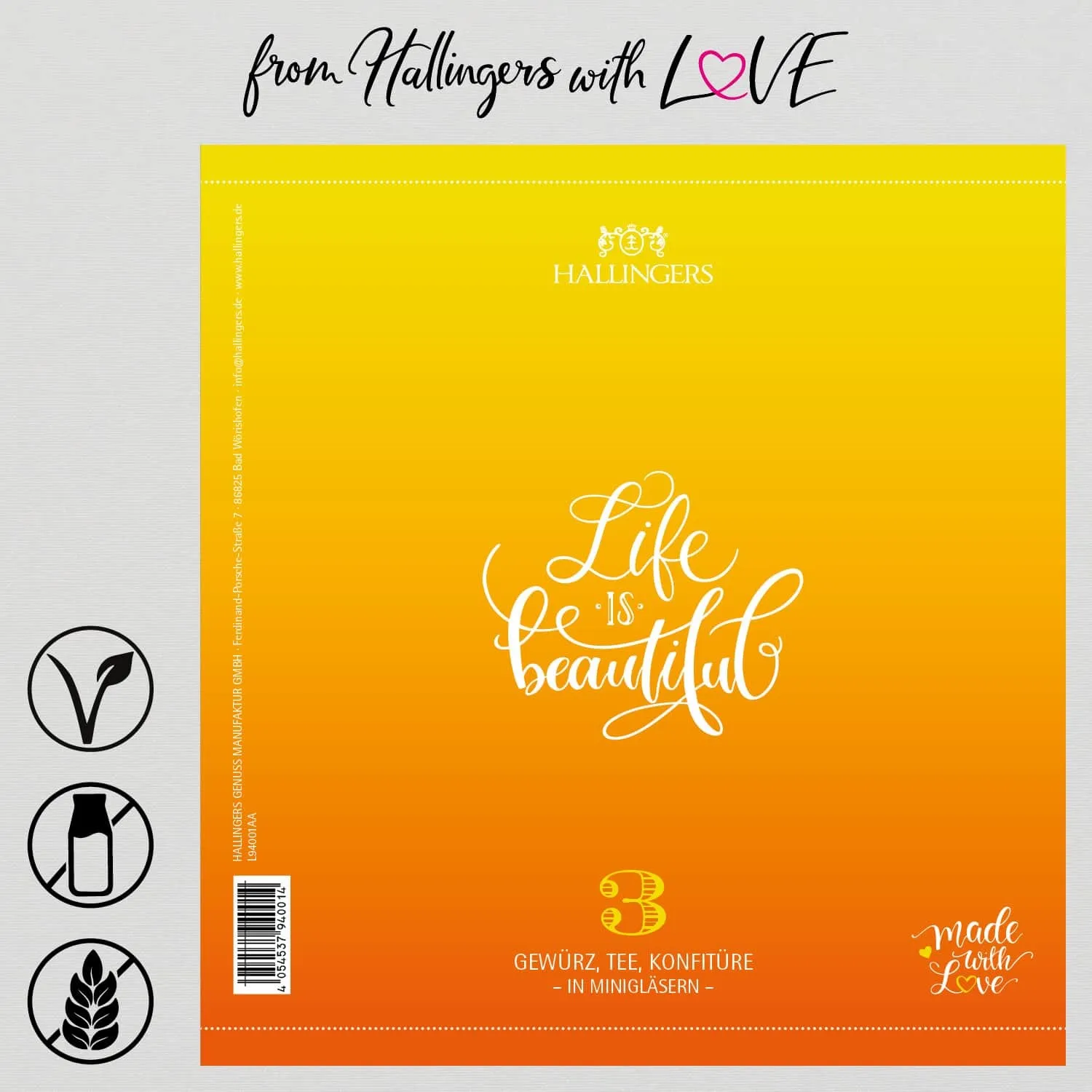 Life is beautiful (veganes Mitbringsel Tee, Konfitüre & Gewürz) - Feinkost-Set, 3x Miniglas Geschenkdose