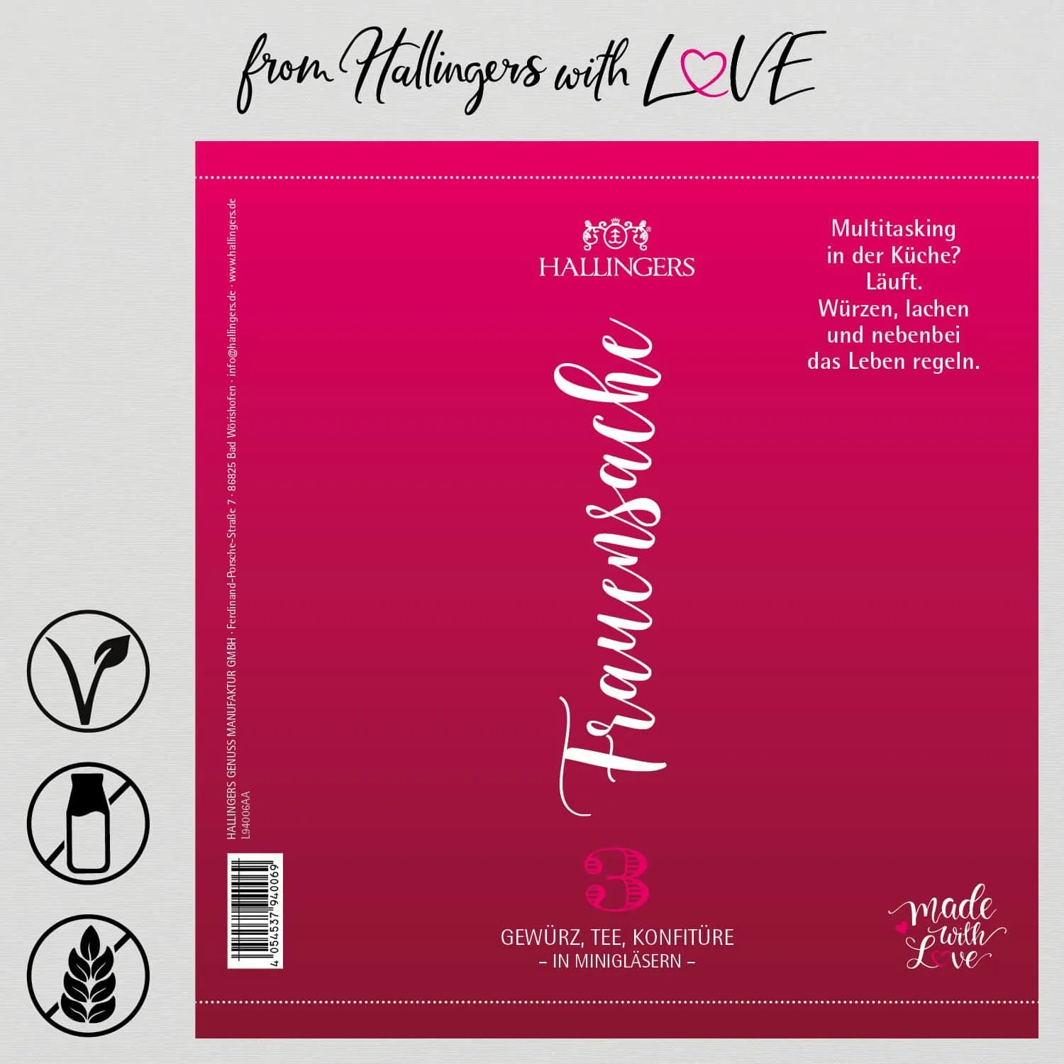 Frauensache (veganes Mitbringsel Tee, Konfitüre & Gewürz) - Feinkost-Set, 3x Miniglas Geschenkdose