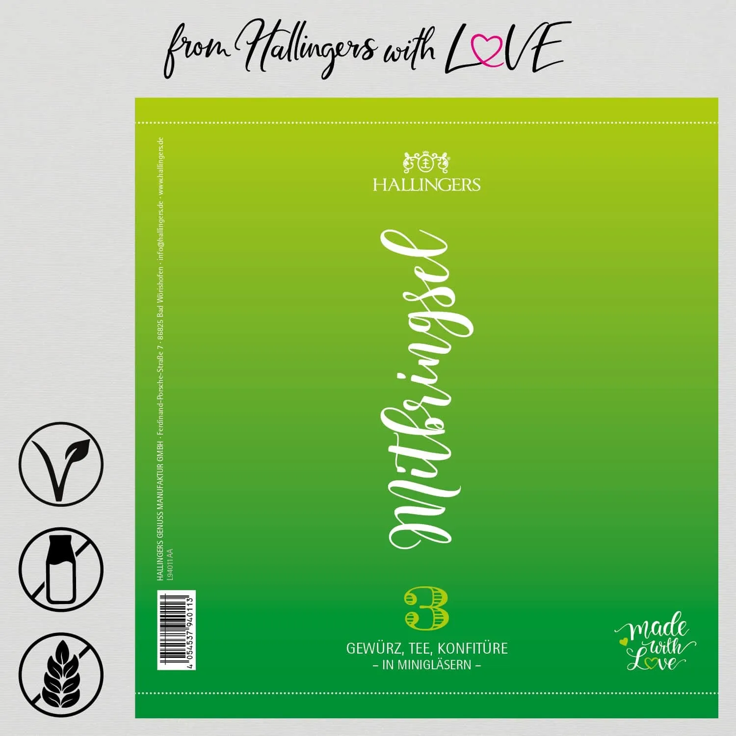 Mitbringsel (veganes Mitbringsel Tee, Konfitüre & Gewürz) - Feinkost-Set, 3x Miniglas Geschenkdose