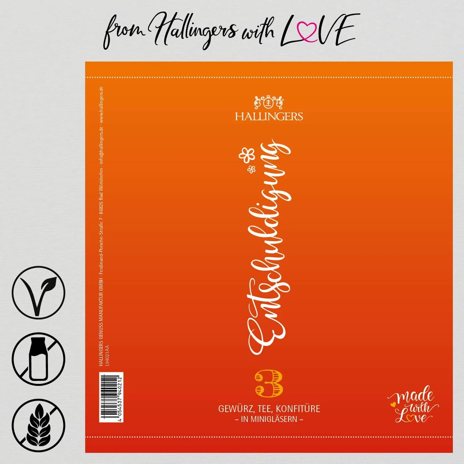Entschuldigung (veganes Mitbringsel Tee, Konfitüre & Gewürz) - Feinkost-Set, 3x Miniglas Geschenkdose