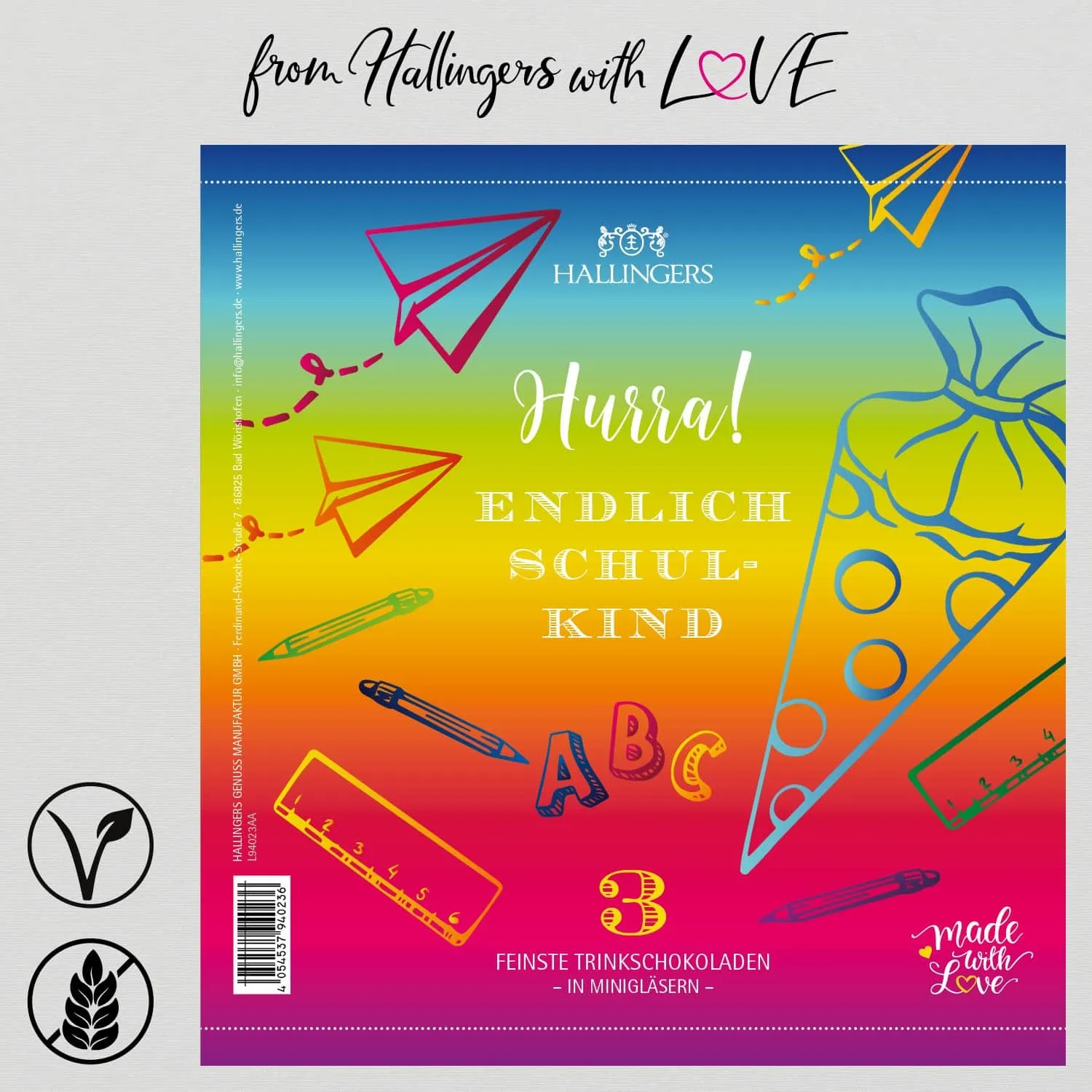 Hurra! Endlich Schulkind (Mitbringsel Trinkschoki drei Edelkakaos) - Feinkost-Set, 3x Miniglas Geschenkdose