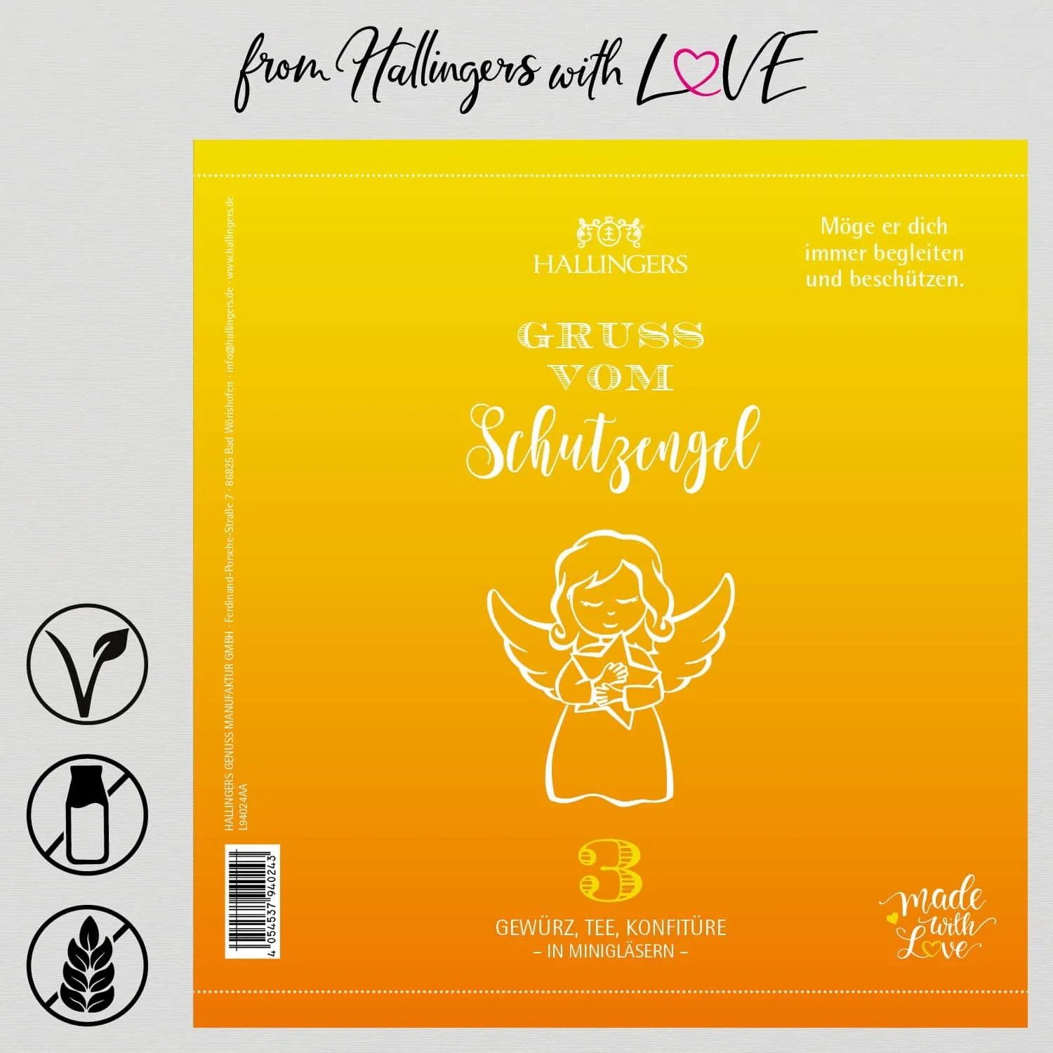 Gruß vom Schutzengel (veganes Mitbringsel Tee, Konfitüre & Gewürz) - Feinkost-Set, 3x Miniglas Geschenkdose
