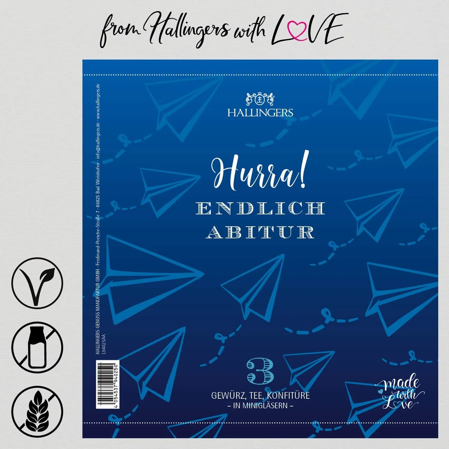 Hurra! Endlich Abitur (veganes Mitbringsel Tee, Konfitüre & Gewürz) - Feinkost-Set, 3x Miniglas Geschenkdose