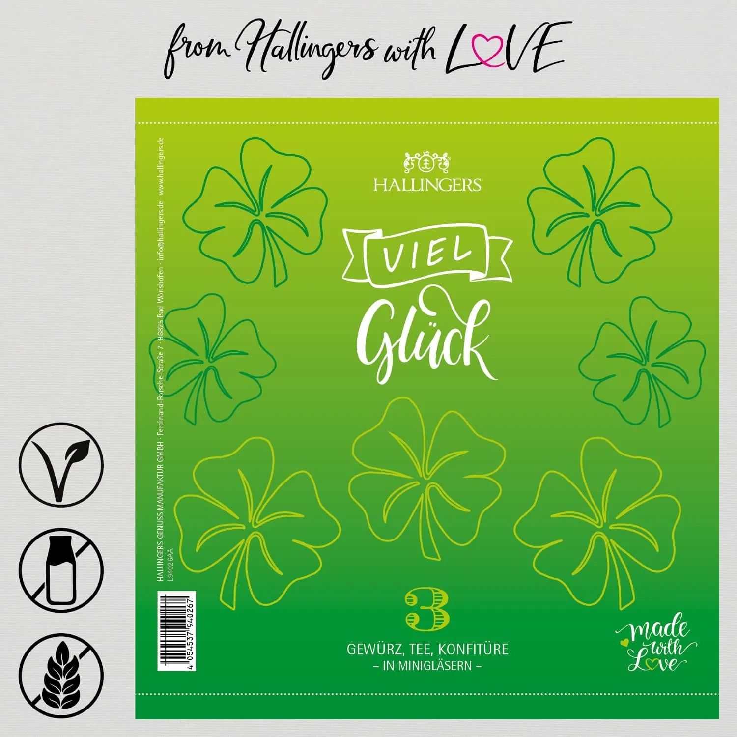 Viel Glück (veganes Mitbringsel Tee, Konfitüre & Gewürz) - Feinkost-Set, 3x Miniglas Geschenkdose
