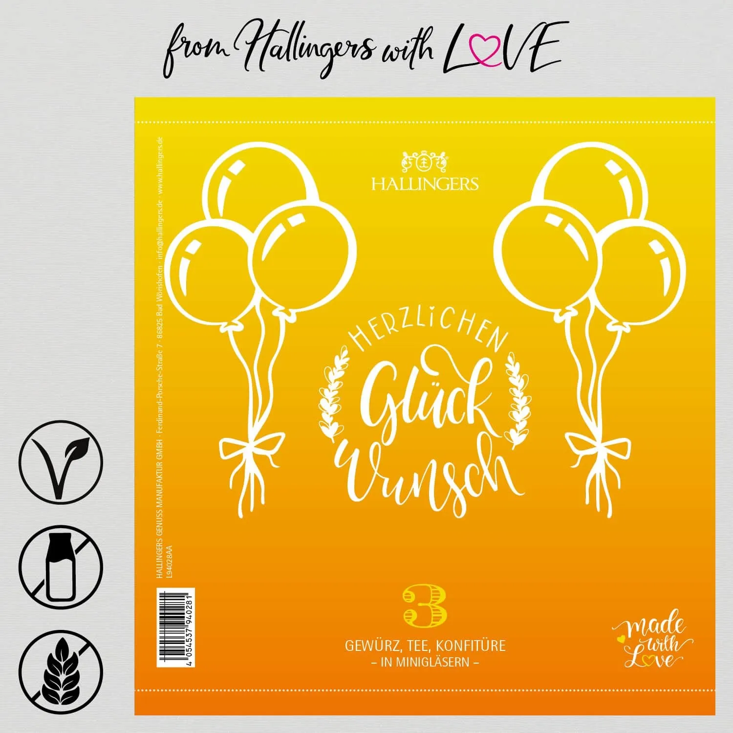 Herzlichen Glückwunsch (veganes Mitbringsel Tee, Konfitüre & Gewürz) - Feinkost-Set, 3x Miniglas Geschenkdose
