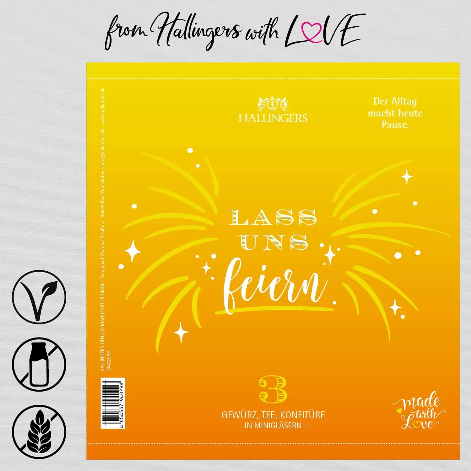 Lass uns feiern (veganes Mitbringsel Tee, Konfitüre & Gewürz) - Feinkost-Set, 3x Miniglas Geschenkdose