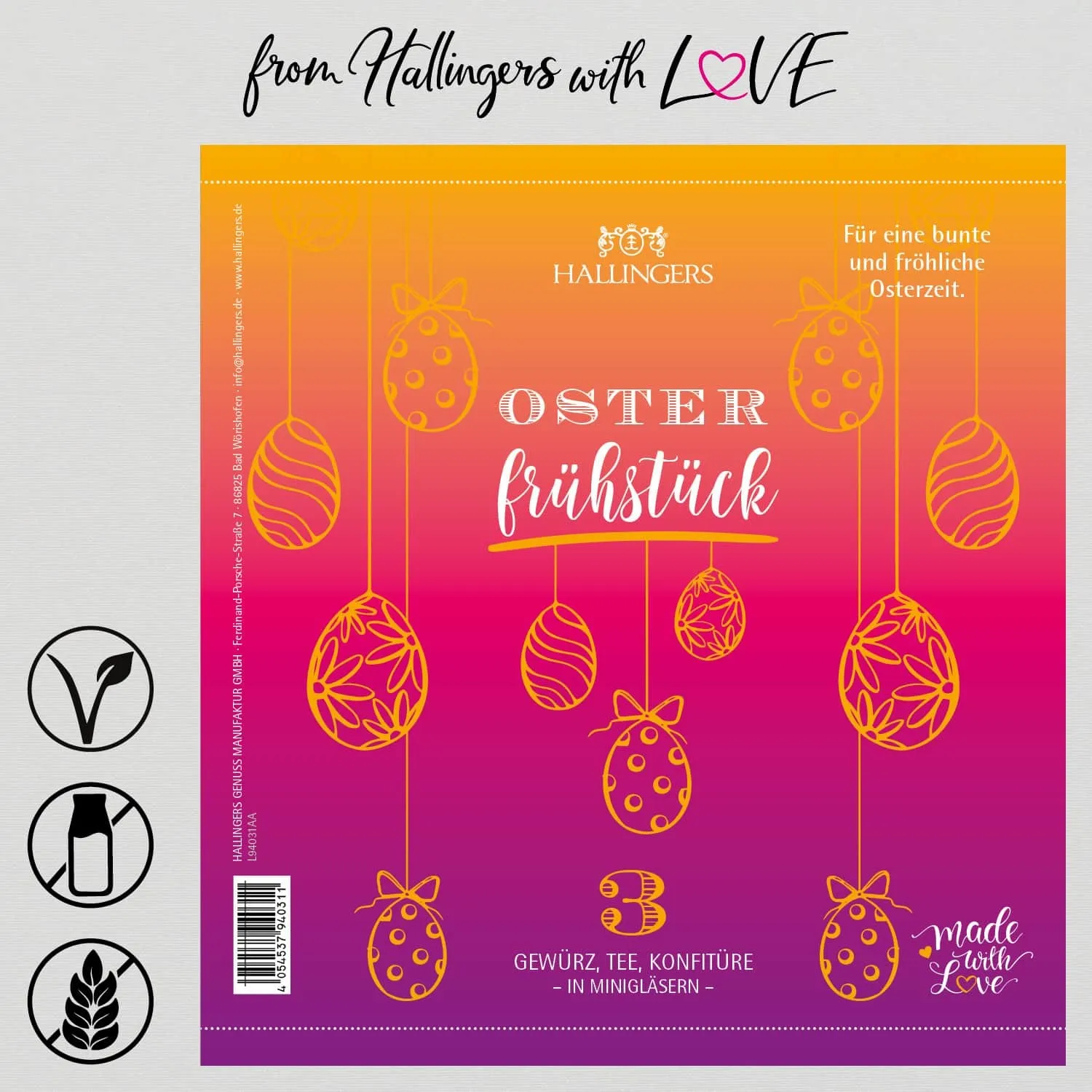 Oster Frühstück (veganes Mitbringsel Tee, Konfitüre & Gewürz) - Feinkost-Set, 3x Miniglas Geschenkdose