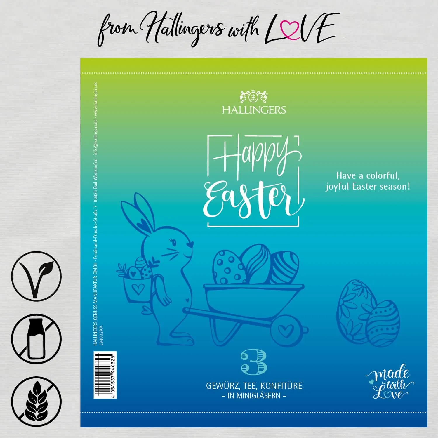 Happy Eeaster (veganes Mitbringsel Tee, Konfitüre & Gewürz) - Feinkost-Set, 3x Miniglas Geschenkdose