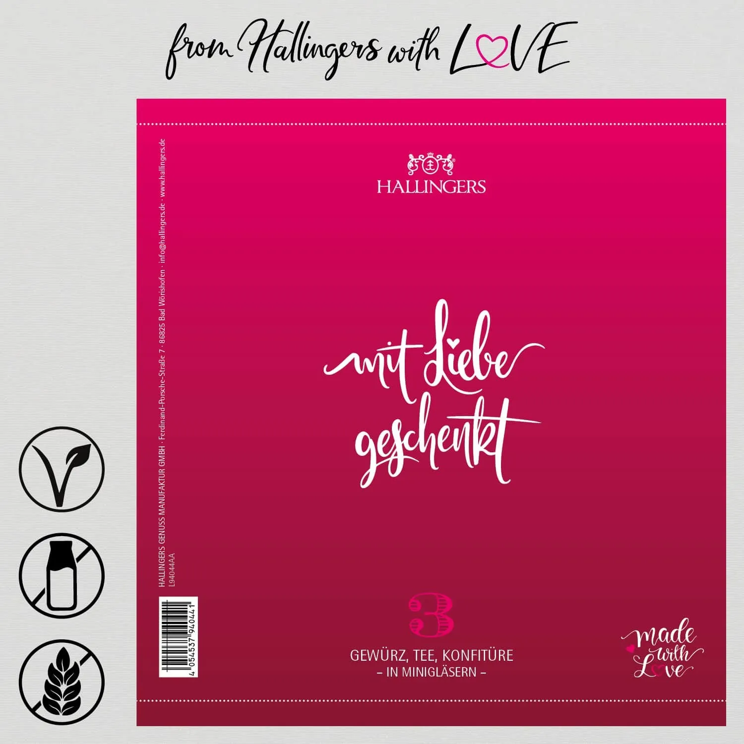 Mit Liebe geschenkt (veganes Mitbringsel Tee, Konfitüre & Gewürz) - Feinkost-Set, 3x Miniglas Geschenkdose
