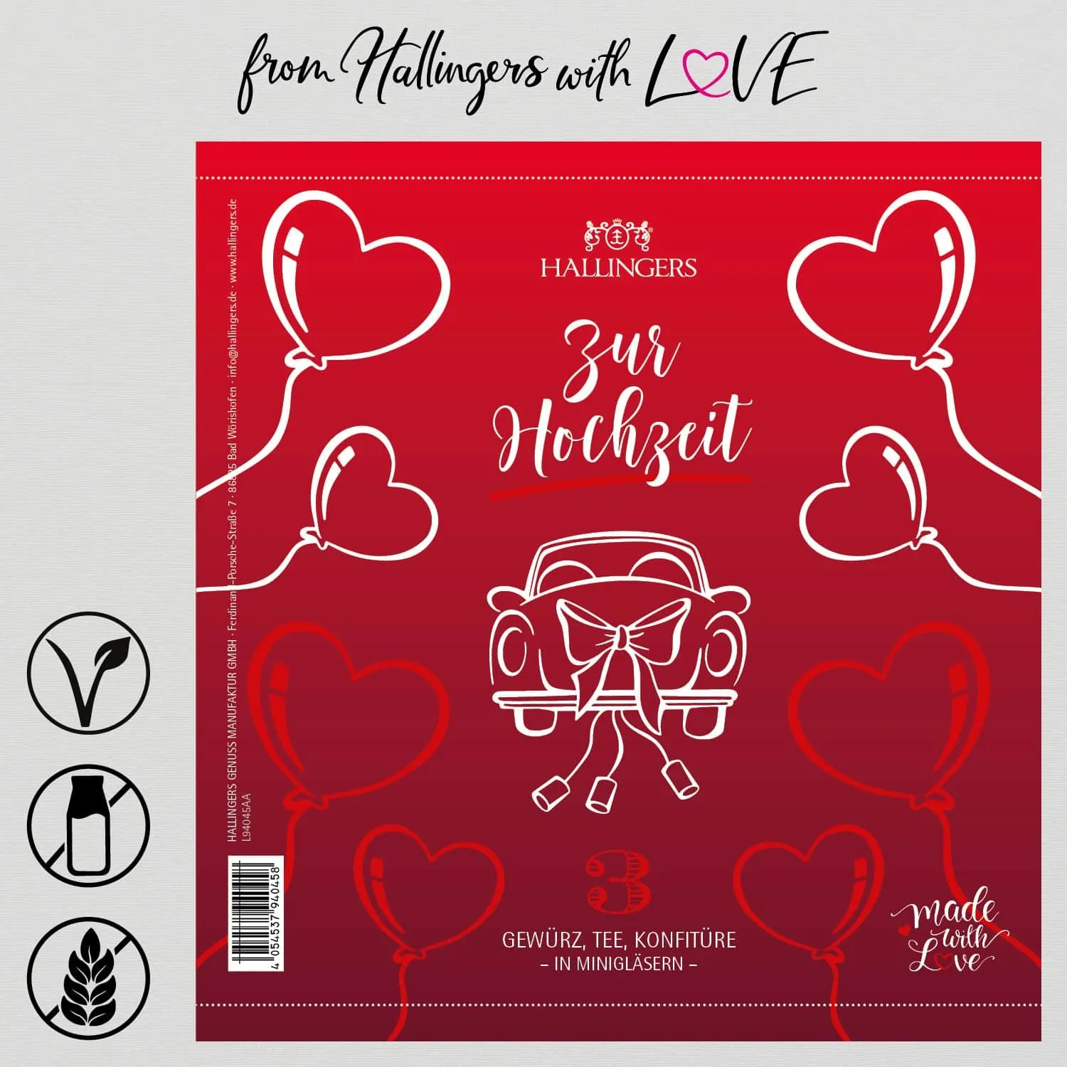 Zur Hochzeit (veganes Mitbringsel Tee, Konfitüre & Gewürz) - Feinkost-Set, 3x Miniglas Geschenkdose