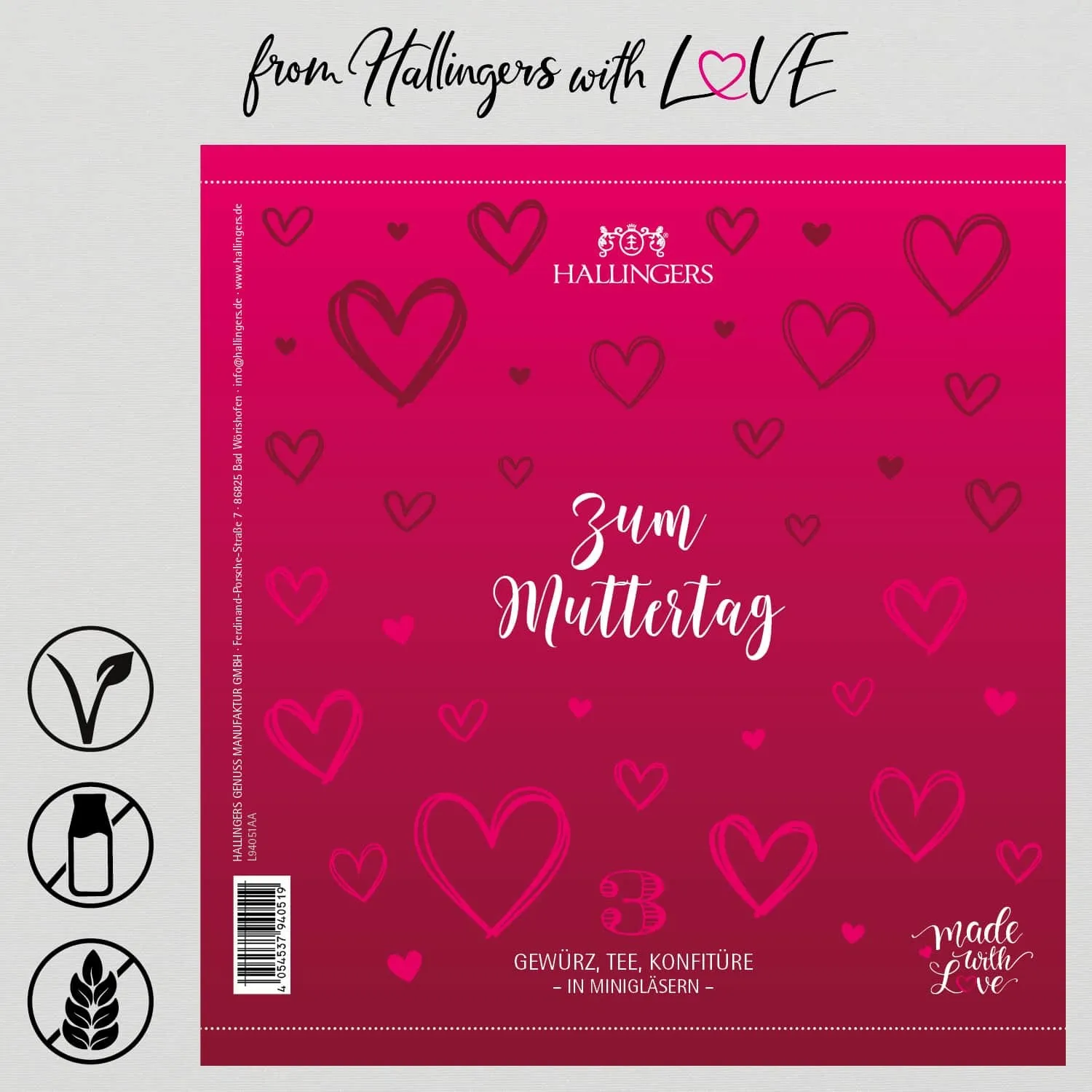 Zum Muttertag (veganes Mitbringsel Tee, Konfitüre & Gewürz) - Feinkost-Set, 3x Miniglas Geschenkdose