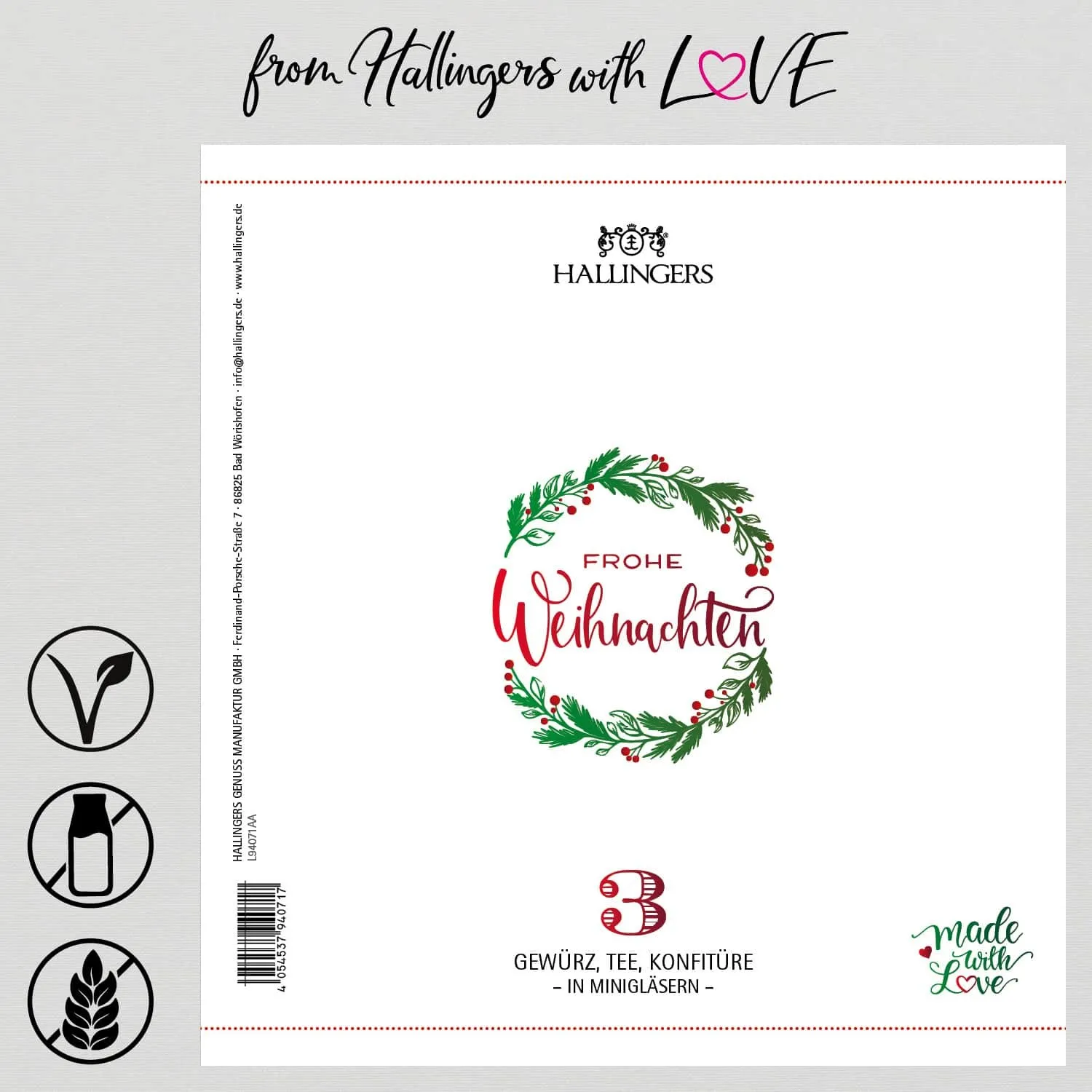 Frohe Weihnachten (veganes Mitbringsel Tee, Konfitüre & Gewürz) - Feinkost-Set, 3x Miniglas Geschenkdose