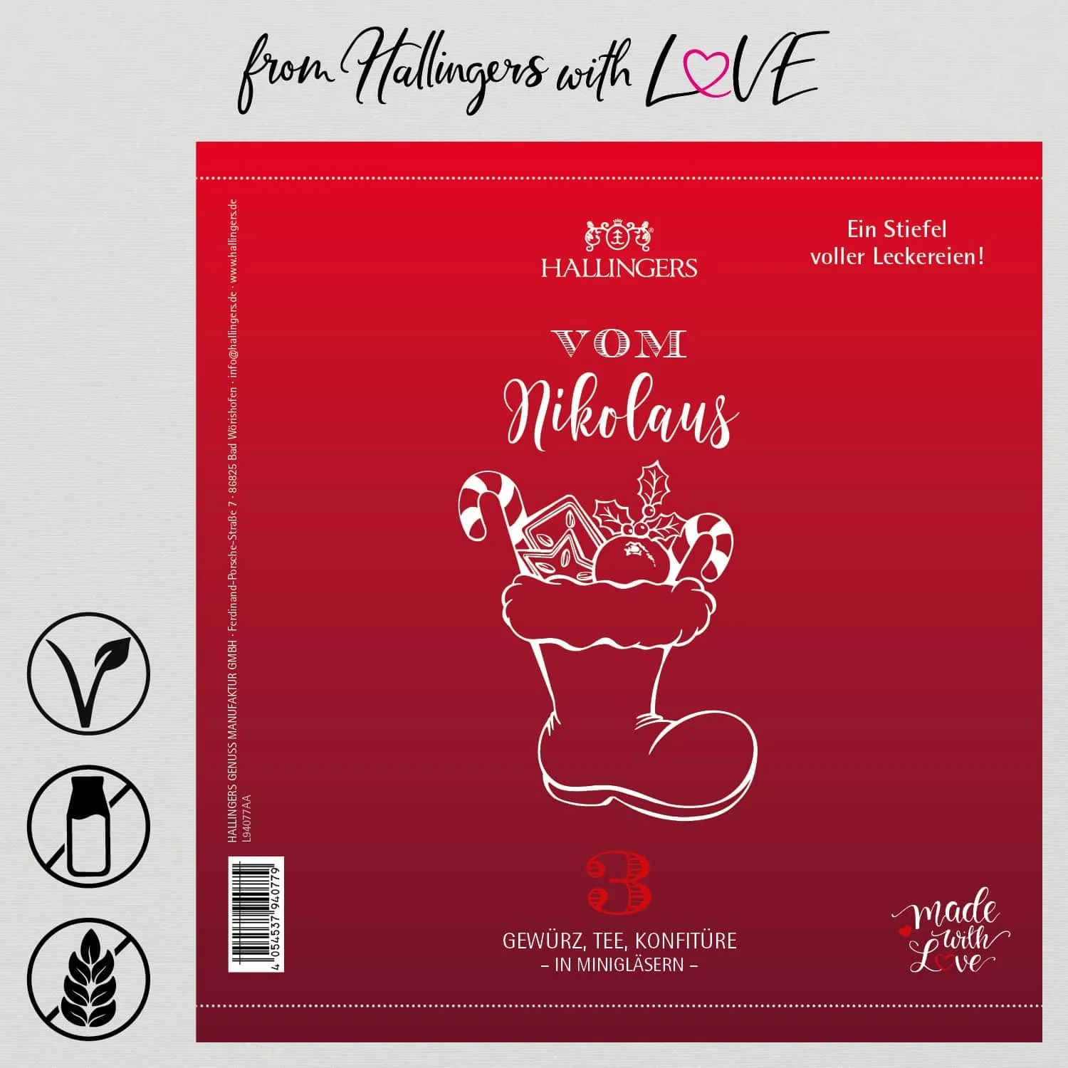 Vom Nikolaus (veganes Mitbringsel Tee, Konfitüre & Gewürz) - Feinkost-Set, 3x Miniglas Geschenkdose