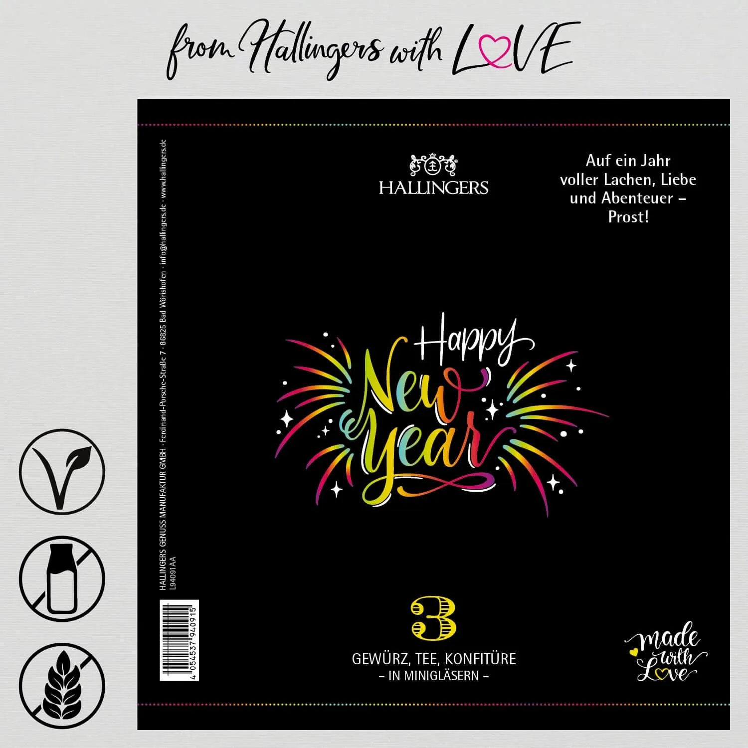 Happy New Year (veganes Mitbringsel Tee, Konfitüre & Gewürz) - Feinkost-Set, 3x Miniglas Geschenkdose