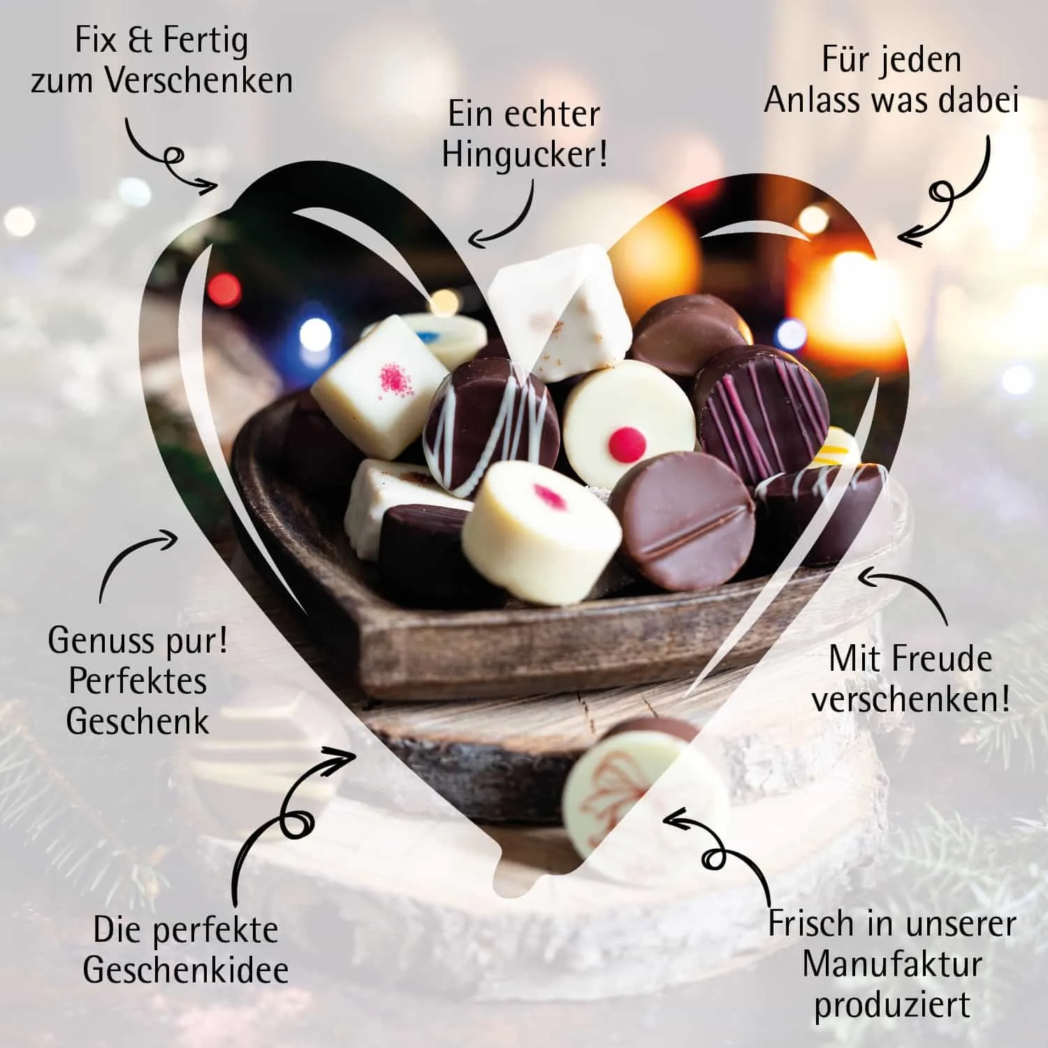 Frohe Weihnachten - Klein No. 01 (großes Mitbringsel KerzenscheinTee Tafel Schokolade & 4er Pralinen) - Feinkost-Set, Gourmet-Auswahl XL