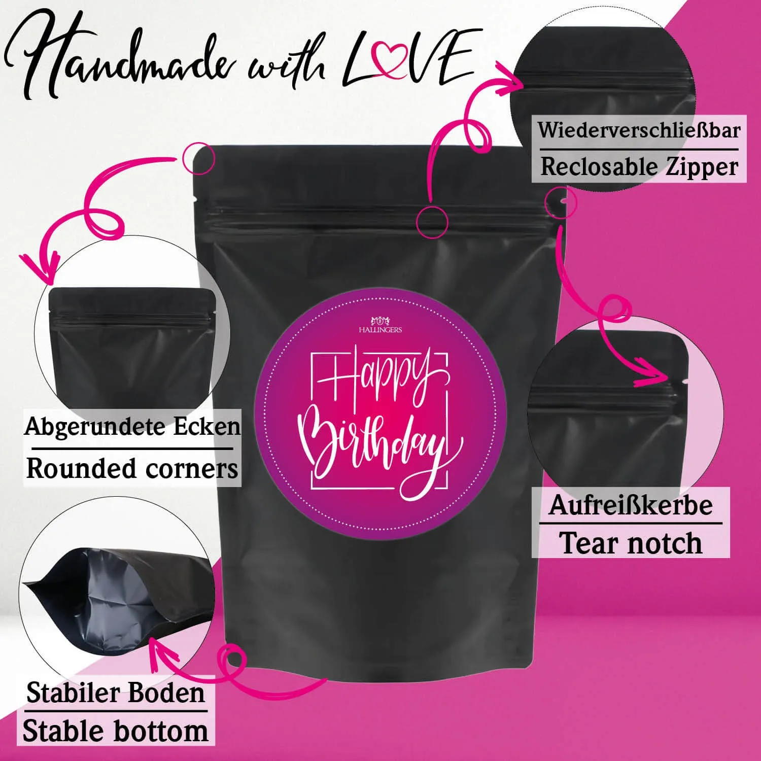 Happy Birthday pink (kleiner Geburtstagsgruß Nougat-Busserl Gewürz & Konfitüre) - Feinkost-Set, Gourmet-Auswahl Wundertüte