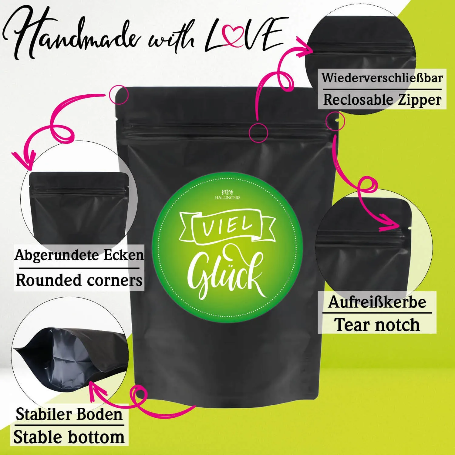 Viel Glück (kleiner Glücksgruß Nougat-Busserl, Früchte-Tee & Erdbeer-Konfitüre) - Feinkost-Set, Gourmet-Auswahl Wundertüte