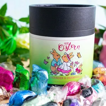 Frohe Ostern Hasenfamilie XXL - Pralinen-Osterei, mit & ohne Alkohol