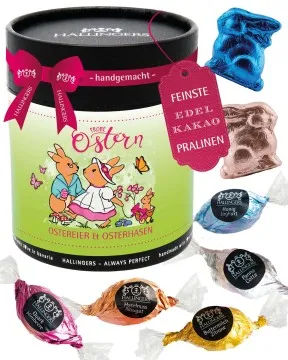 Frohe Ostern Hasenfamilie XXL - Pralinen-Osterei, mit & ohne Alkohol
