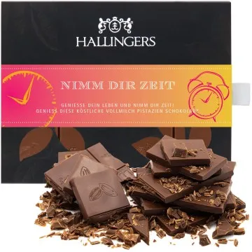 Vollmilch-Tafel Nimm Dir Zeit (Pistazie-Amaretto) - Schokolade, handmade ohne Alkohol
