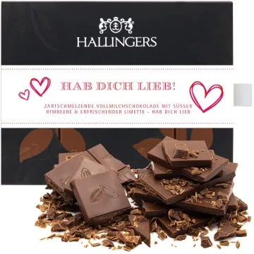 Vollmilch-Tafel Hab Dich lieb (Himbeer-Limette) - Schokolade, handmade ohne Alkohol