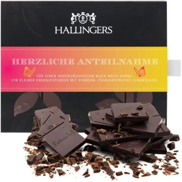 Zartbitter-Tafel Herzliche Anteilnahme (Himbeer-Maracuja) - Vegane Schokolade, handmade ohne Alkohol