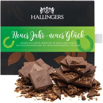 Vollmilch-Tafel Neues Jahr - Neues Glück (Macadamia-Nougat) - Schokolade, handmade ohne Alkohol