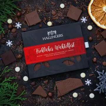 Vollmilch-Tafel Fröhliches Wichtelfest (Orange) - Schokolade, handmade ohne Alkohol