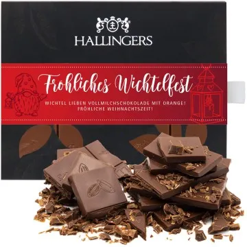 Vollmilch-Tafel Fröhliches Wichtelfest (Orange) - Schokolade, handmade ohne Alkohol