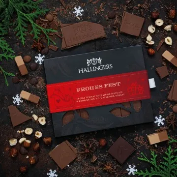 Vollmilch-Tafel Frohes Fest (Macadamia-Nougat) - Schokolade, handmade ohne Alkohol