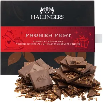 Vollmilch-Tafel Frohes Fest (Macadamia-Nougat) - Schokolade, handmade ohne Alkohol