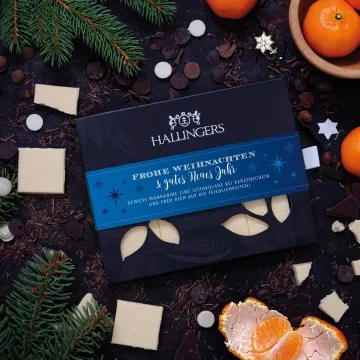 Weiße Tafel Frohe Weihnachten & Gutes Neues Jahr (Mandarine-Zimt) - Weiße Schokolade, handmade ohne Alkohol