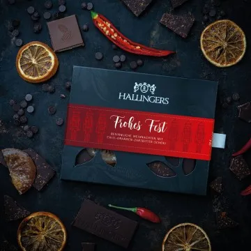 Zartbitter-Tafel Frohes Fest (Orange-Chili) - Vegane Schokolade, handmade ohne Alkohol
