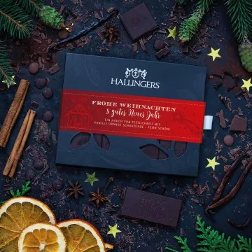 Zartbitter-Tafel Frohe Weihnachten & Gutes Neues Jahr (Vanille-Orange) - Vegane Schokolade, handmade ohne Alkohol
