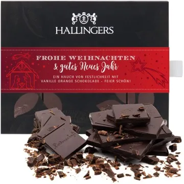 Zartbitter-Tafel Frohe Weihnachten & Gutes Neues Jahr (Vanille-Orange) - Vegane Schokolade, handmade ohne Alkohol