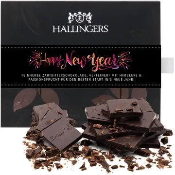 Zartbitter-Tafel Happy New Year Pink (Himbeer-Maracuja) - Vegane Schokolade, handmade ohne Alkohol