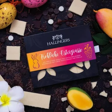 Weiße Tafel Fröhliche Ostergrüße (Mango-Vanille) - Weiße Schokolade, handmade ohne Alkohol