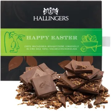 Vollmilch-Tafel Happy Easter (Macadamia-Nougat) - Schokolade, handmade ohne Alkohol