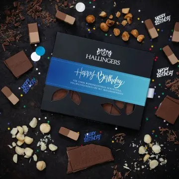 Vollmilch-Tafel Happy Birthday Blue (Macadamia-Nougat) - Schokolade, handmade ohne Alkohol