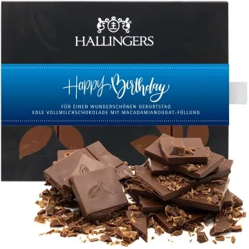 Vollmilch-Tafel Happy Birthday Blue (Macadamia-Nougat) - Schokolade, handmade ohne Alkohol