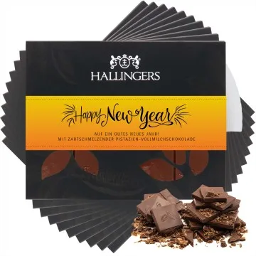 10x Vollmilch-Tafel Happy New Year (Pistazie-Amaretto) - Schokolade, handmade ohne Alkohol
