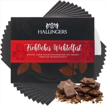 10x Vollmilch-Tafel Fröhliches Wichtelfest (Orange) - Schokolade, handmade ohne Alkohol