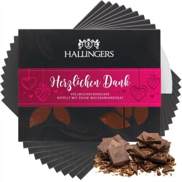 10x Vollmilch-Tafel Herzlichen Dank (Macadamia-Nougat) - Schokolade, handmade ohne Alkohol