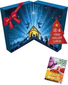 Adventskalender Krippe Weihnachten XXL - Feinkost-Mix-Set, loser Tee & Likör im Glas