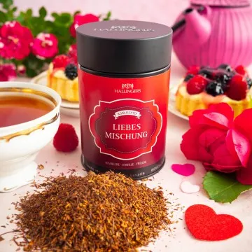 Liebesmischung (mit Roibusch, Himbeere & Vanille) - Roibusch Tee, loser Tee Geschenkdose