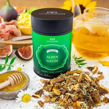 Alpengaudi (mit Süßapfel, Orange & Lemongras) - Kräutertee, loser Tee Geschenkdose
