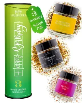 Happy Birthday - green - Gewürz-Set, 3 Gläser in Geschenkdose