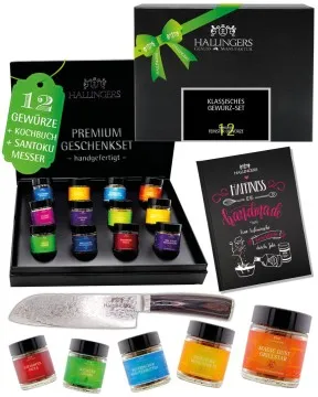 Klassisches Gewürz-Set & Deluxe Santoku & Kochbuch - Gewürz-Set, 12er Geschenkbox & Booklet