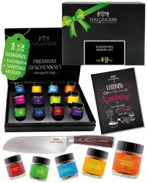 Klassisches Gewürz-Set & Premium Santoku & Kochbuch - Gewürz-Set, 12er Geschenkbox & Booklet