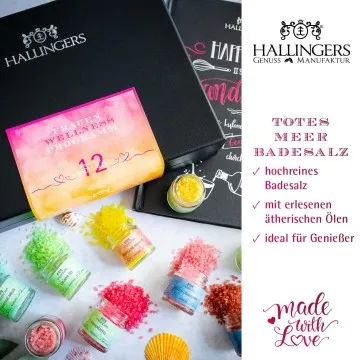 Frauen-Wellness-Programm & Happiness is handgemacht - Badesalze-Set, 12x Badezusatz Totes Meer